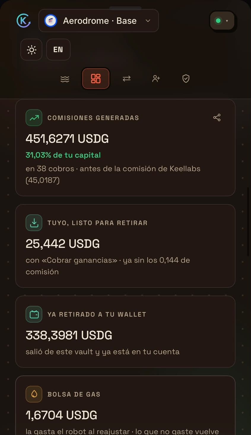 Keel Labs: comisiones generadas y ganancias listas para retirar